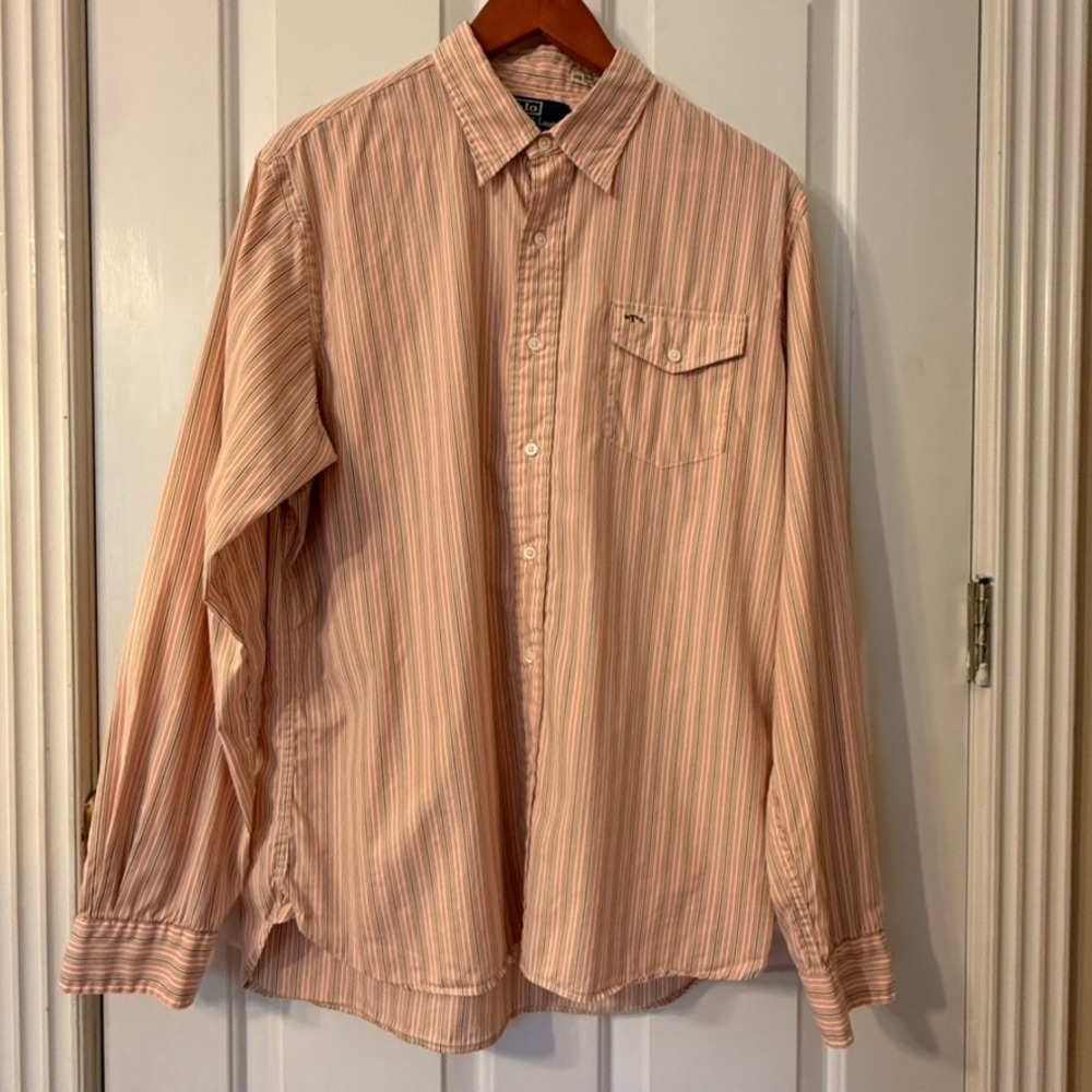 Vintage Polo Ralph Lauren Button Down Mens L Pink & Green Striped Embroidery